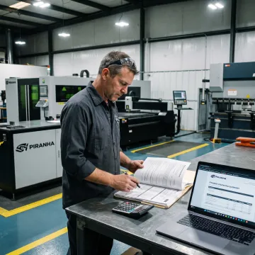 Small business owner reviewing equipment refinancing documents