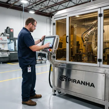 Technician reviewing laser welding cell controls
