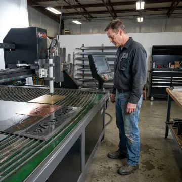 Technician reviewing CNC cutting equipment settings
