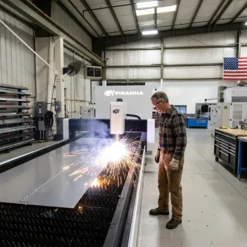 Laser system processing aluminum sheet in a fabrication shop