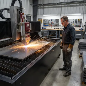 CNC fiber laser cutting metal in a fabrication shop