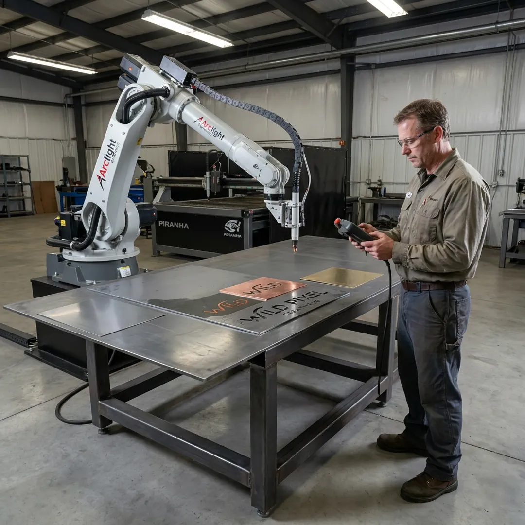 Technician programming robotic plasma cutting system