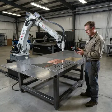 Technician programming robotic plasma cutting system