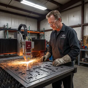 Operator monitoring a CNC fiber laser