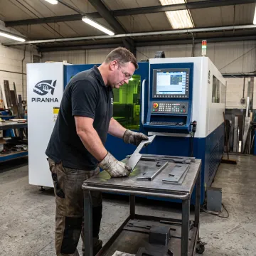 Fabricator reviewing laser-cut metal parts