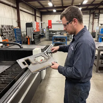 Technician inspecting precision metal fabrication equipment