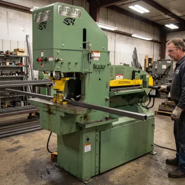 Hydraulic ironworker processing steel in a fabrication shop
