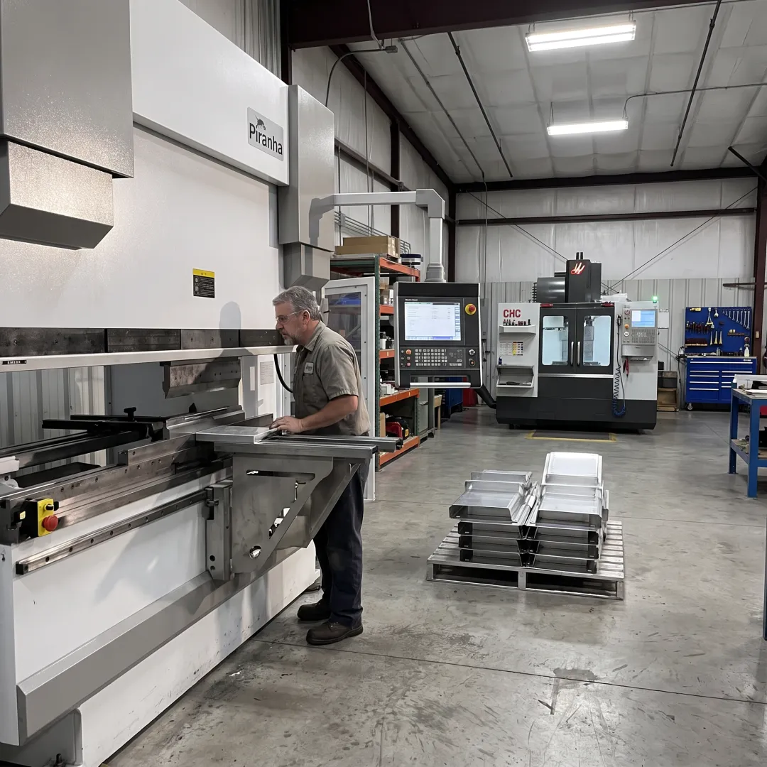 Fabricator reviewing aluminum bending equipment controls