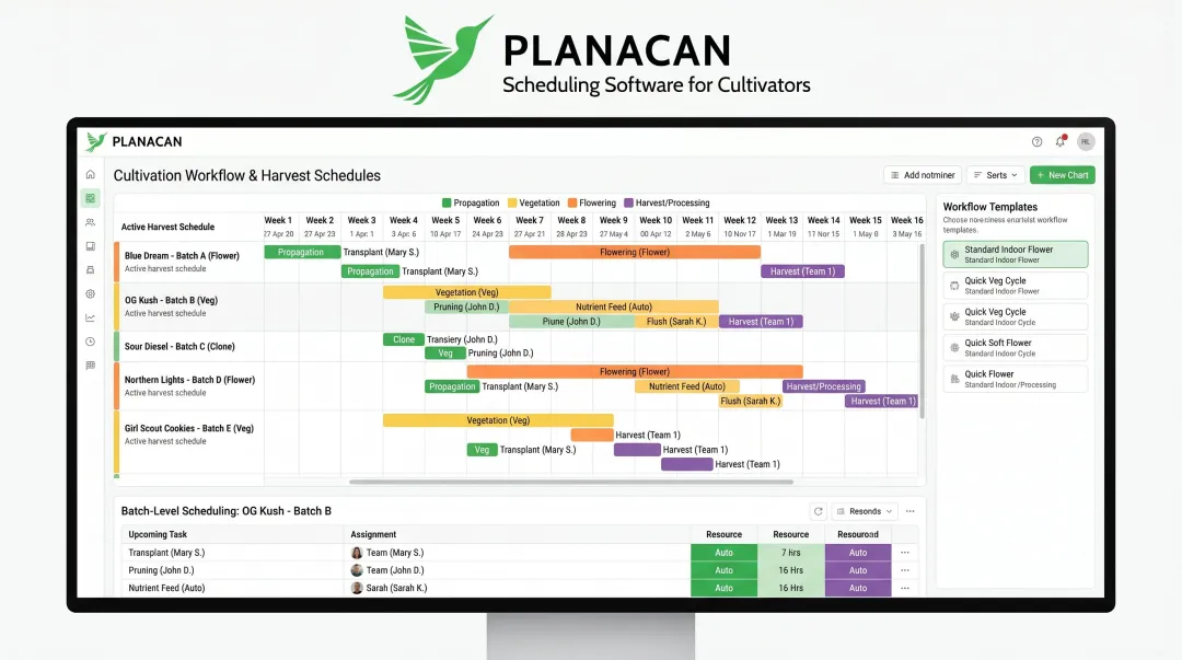 PlanaCan interactive Gantt chart dashboard displaying multiple cannabis harvest schedules simultaneously