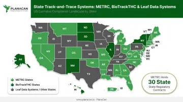 US state track-and-trace systems METRC BioTrack Leaf Data coverage map