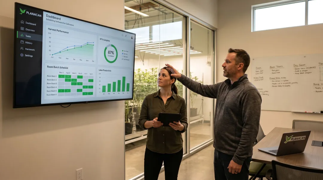 Commercial cannabis cultivation team reviewing harvest performance results on facility management dashboard