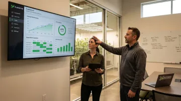 Commercial cannabis cultivation team reviewing harvest performance results on facility management dashboard