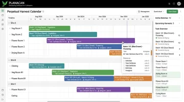 PlanaCan Gantt chart dashboard showing multi-room harvest scheduling across concurrent batches