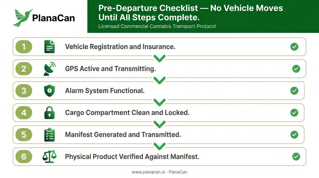 6-step cannabis transport pre-departure checklist process flow infographic