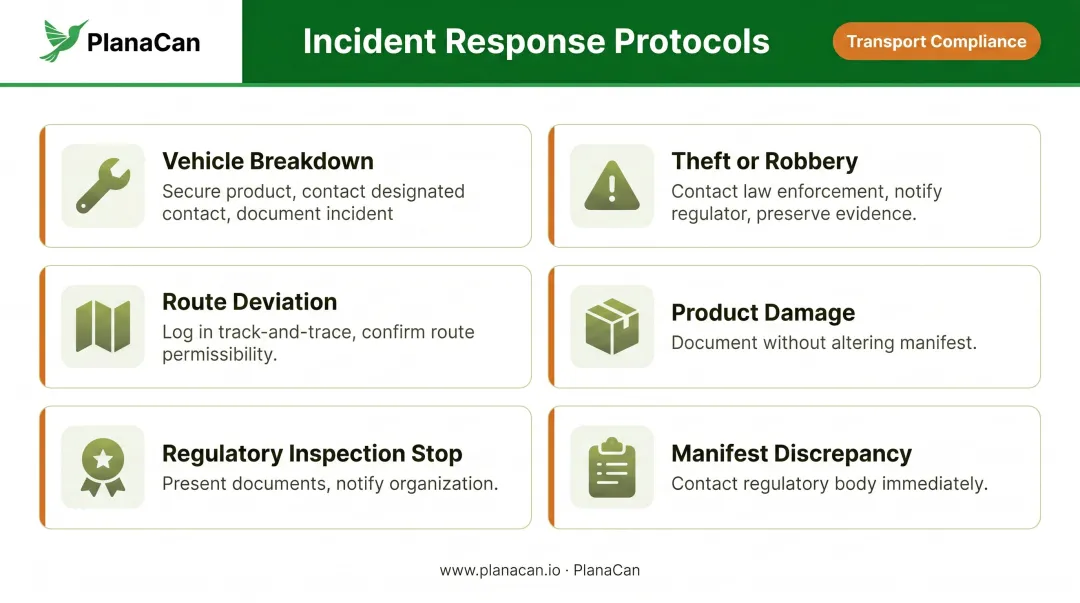 Cannabis transportation incident response protocols for six emergency scenarios
