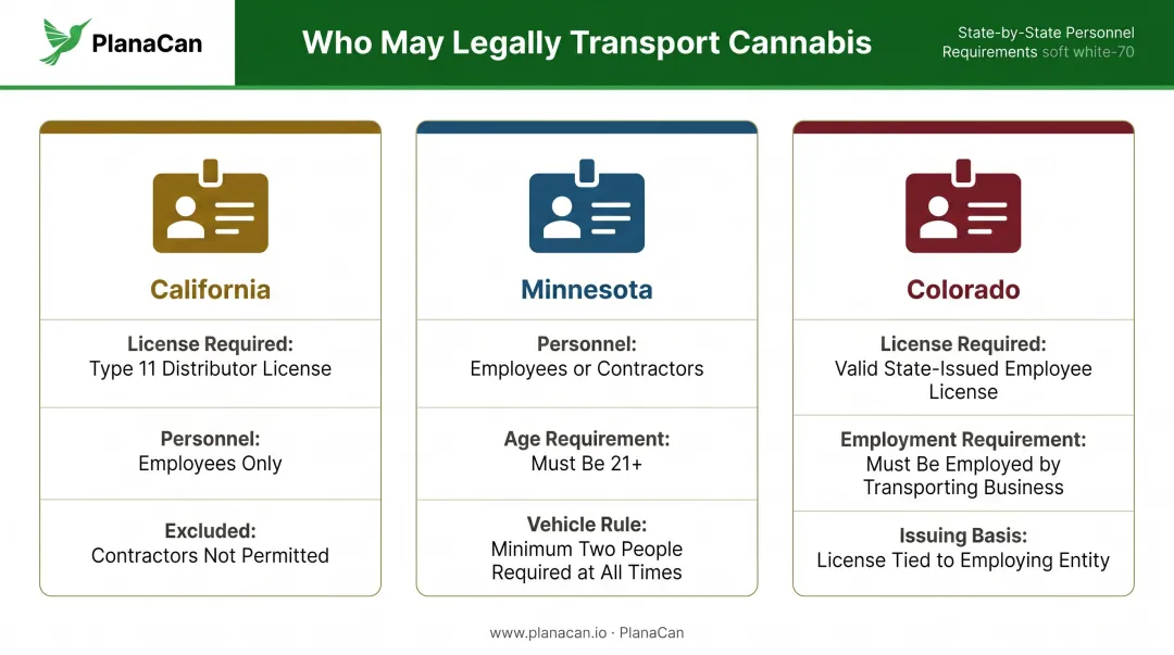 Cannabis transportation authorized personnel requirements comparison across California Minnesota Colorado