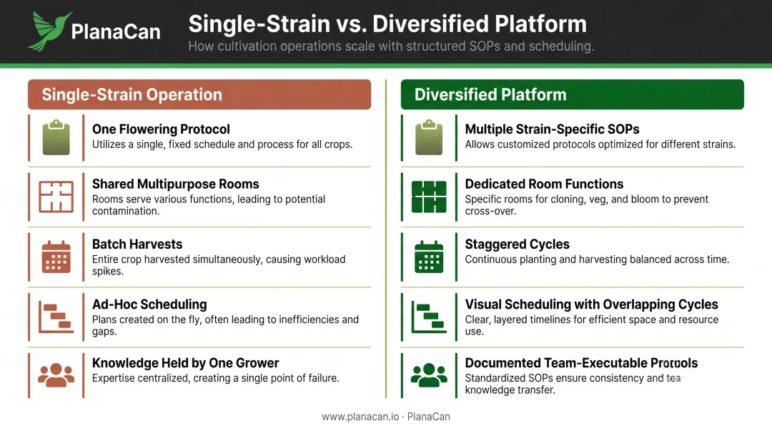 Single-strain cannabis operation versus diversified platform side-by-side comparison infographic