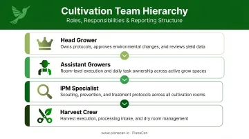 Cannabis cultivation team role hierarchy from head grower to harvest crew infographic