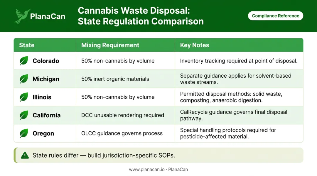 Five-state cannabis waste disposal compliance requirements comparison table infographic