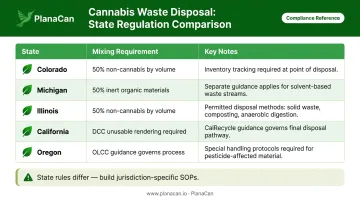 Five-state cannabis waste disposal compliance requirements comparison table infographic