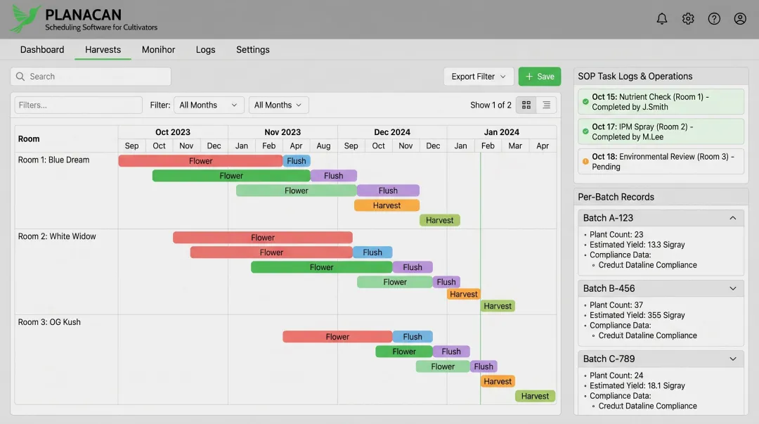 PlanaCan cultivation management platform dashboard showing Gantt chart harvest scheduling and compliance logs