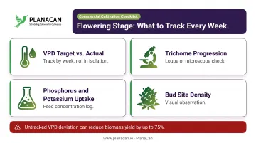 Cannabis flowering stage key tracking variables VPD trichome phosphorus potassium weekly log
