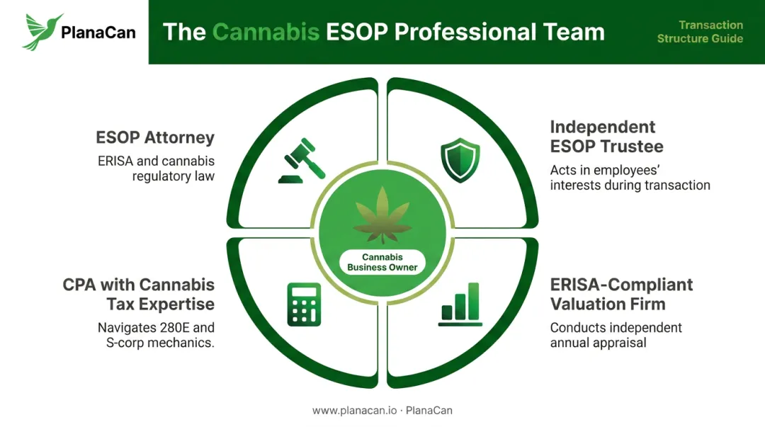 Four required professional roles for cannabis ESOP transaction team infographic