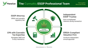 Four required professional roles for cannabis ESOP transaction team infographic