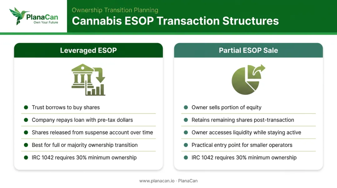 Leveraged ESOP versus partial ESOP sale structure comparison infographic