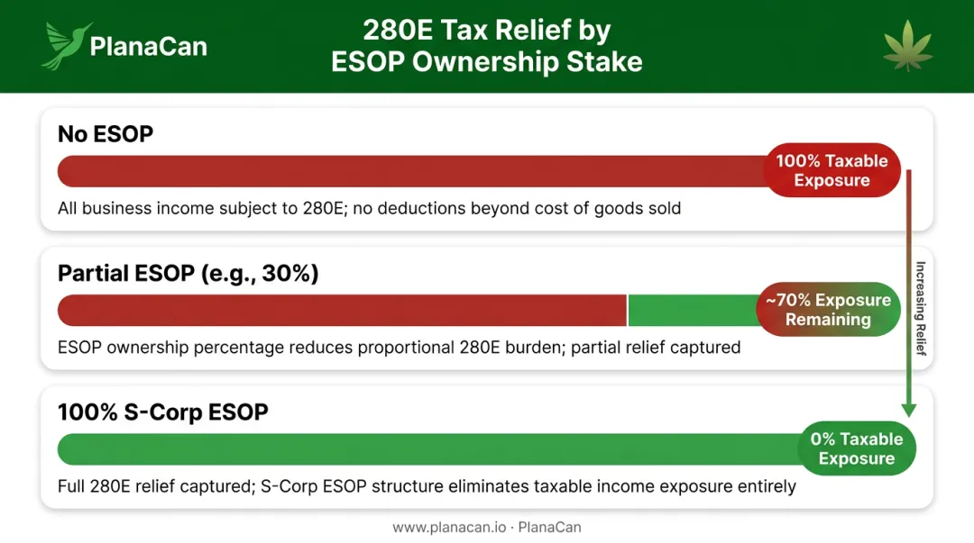 280E tax burden comparison across three ESOP ownership levels for cannabis businesses