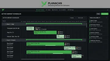 PlanaCan cultivation management platform Gantt chart multi-room harvest scheduling dashboard