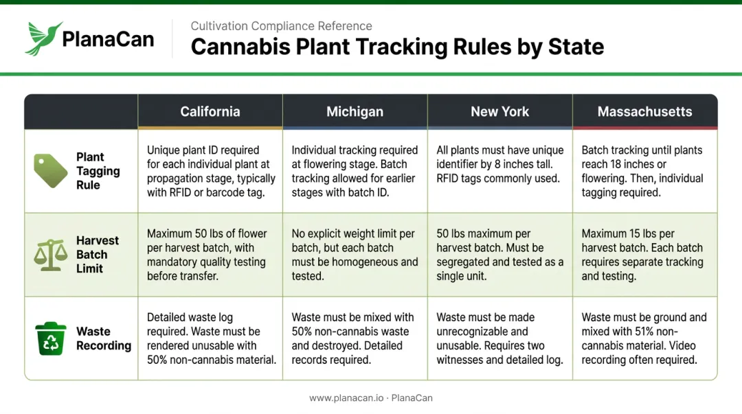 State-by-state cannabis plant tracking and traceability requirements comparison table infographic