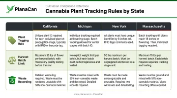 State-by-state cannabis plant tracking and traceability requirements comparison table infographic