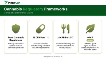 Four cannabis GMP regulatory frameworks comparison infographic with key applicability criteria
