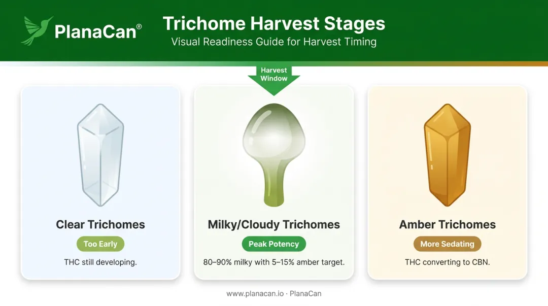 Cannabis trichome harvest readiness three-stage comparison clear milky amber guide