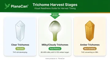 Cannabis trichome harvest readiness three-stage comparison clear milky amber guide