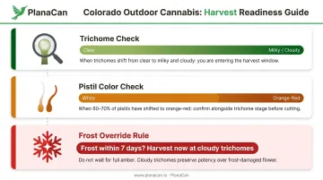 Colorado outdoor cannabis harvest readiness decision flow trichome and frost indicators