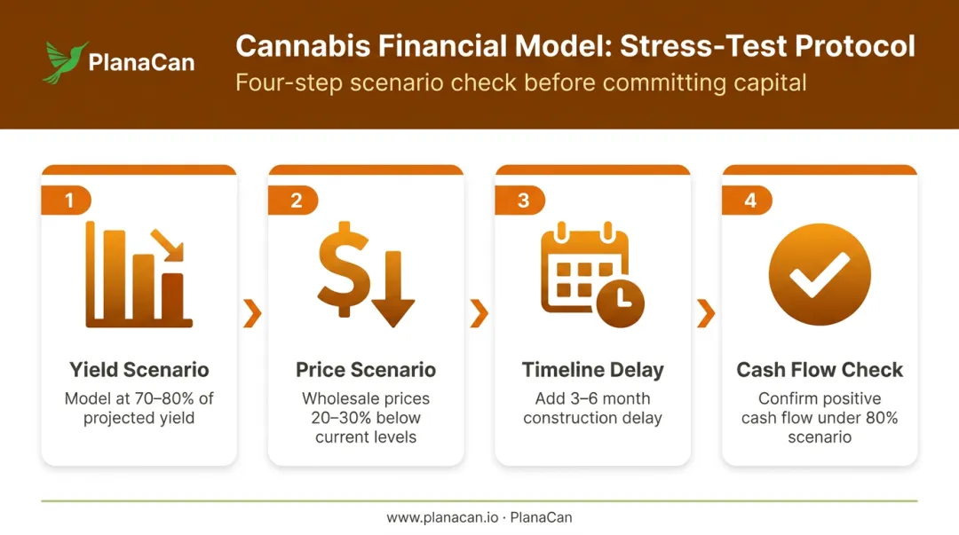 Four-step cannabis cultivation financial model stress test process flow infographic