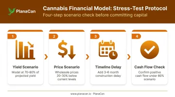 Four-step cannabis cultivation financial model stress test process flow infographic
