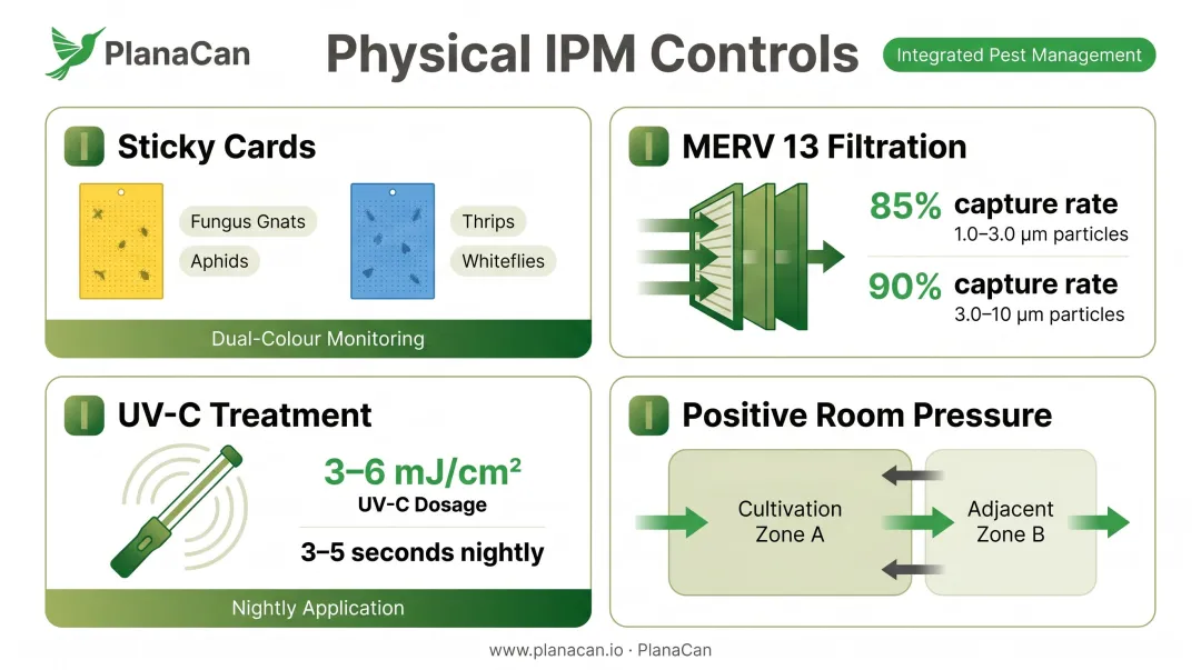 Cannabis grow room physical IPM controls including sticky cards MERV filtration and UV-C treatment