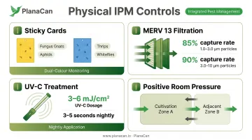 Cannabis grow room physical IPM controls including sticky cards MERV filtration and UV-C treatment