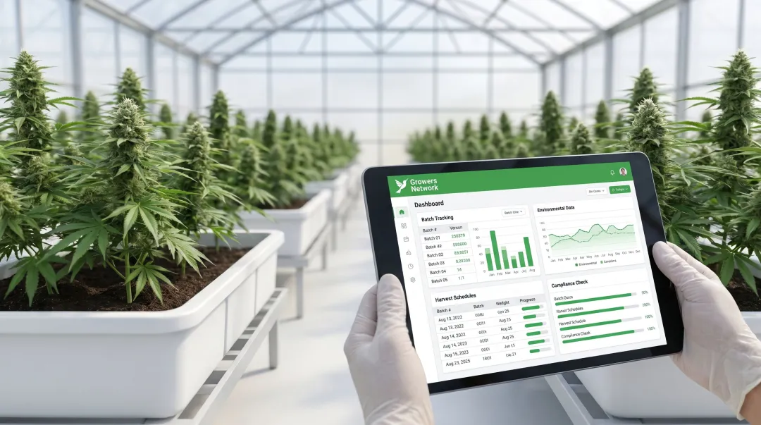 Cannabis cultivation facility plant batch tracking dashboard on tablet screen
