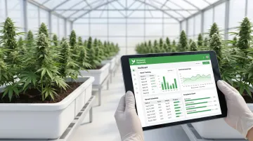 Cannabis cultivation facility plant batch tracking dashboard on tablet screen