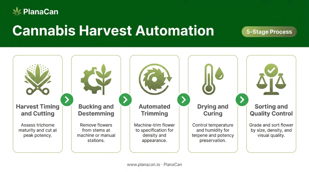 5-stage cannabis harvest automation process flow from cutting to quality control