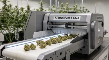 Commercial automated cannabis trimming machine processing flower with calibrated blade mechanism