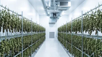 Commercial cannabis drying room with hanging plants controlled humidity and airflow systems