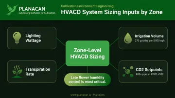 Commercial grow room HVACD sizing factors including lighting wattage irrigation and transpiration loads