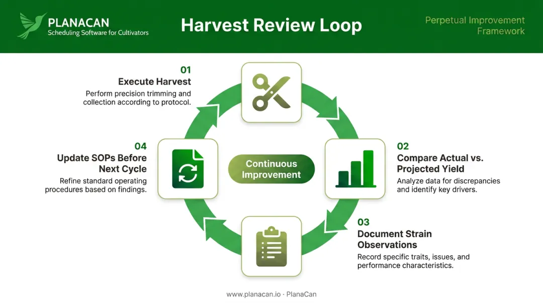 Commercial cannabis harvest review cycle four-stage continuous improvement process loop