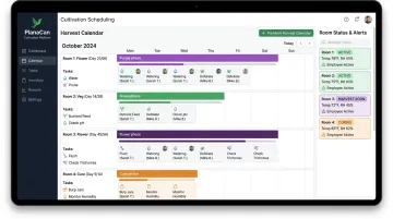 PlanaCan cultivation management platform showing multi-room harvest schedule and task calendar