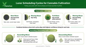Cannabis lunar calendar two-layer phase and ascending descending cycle overview